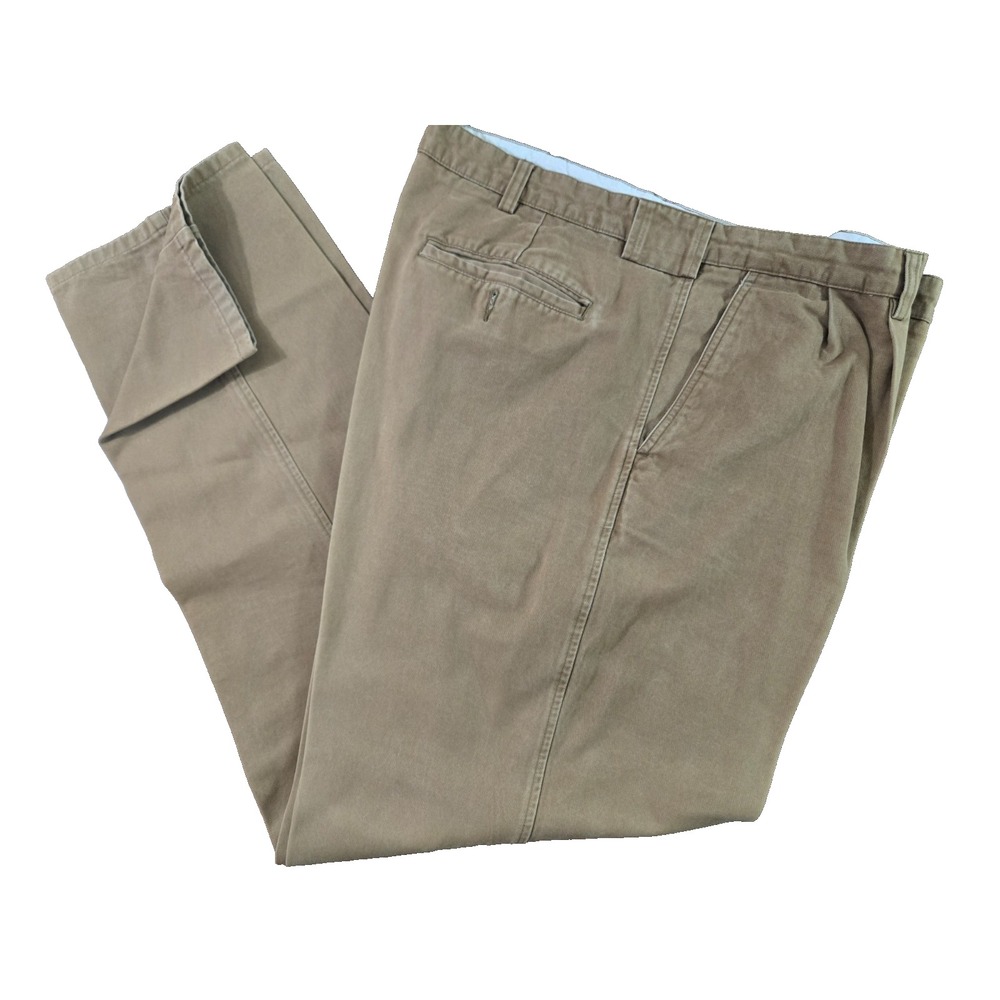 L L Bean Mens Casual Trousers Pants W42 L34 Brown‎ Cotton Pleated Front
